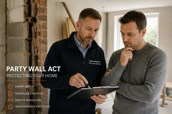 Party wall surveyor Walsall discussing extension plans with homeowner outside a UK semi-detached house.